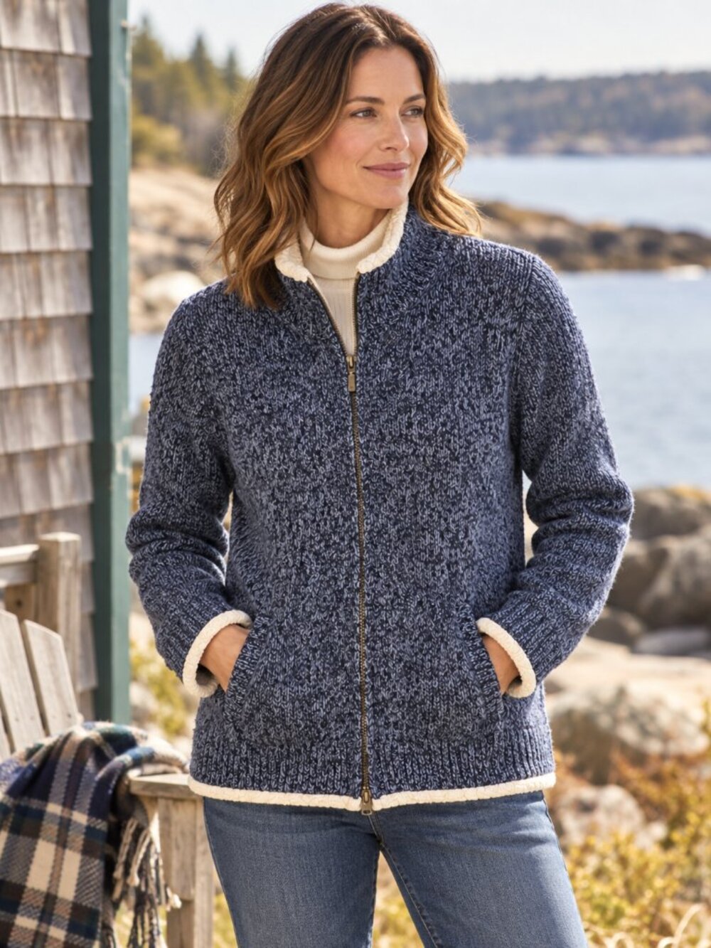 LL Bean Lambswool Sherpa Lined Full Zip Sweater Jacket Cardigan M Cabincore EUC